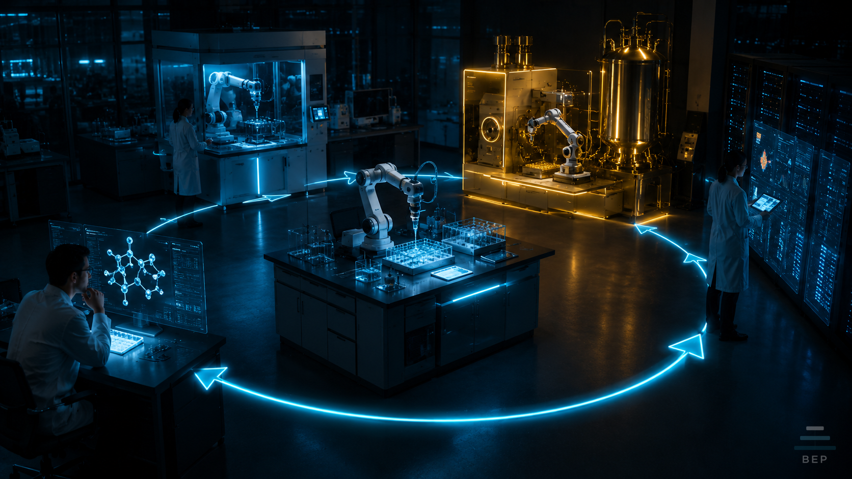 A luminous cyan ring of four arrows, Design, Make, Test, Learn, closing into a loop over a dark laboratory bench, a robotic pipette arm on one side and a glowing molecule resolving on the other.